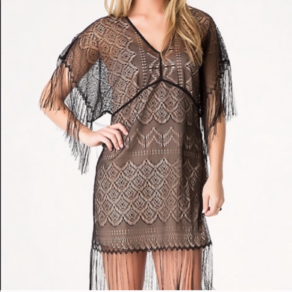 BEBE Glamorous Boho-Chic Layering Nude Slip Dress w/Black Fringe Crochet Overlay